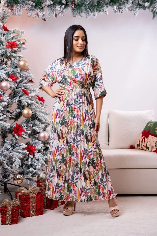 Forest Patterned Pleated Party Wear Dress - Image 3