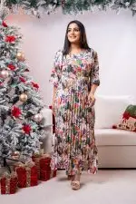 Forest Patterned Pleated Party Wear Dress - Image 4