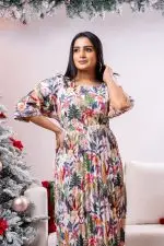 Forest Patterned Pleated Party Wear Dress - Image 5