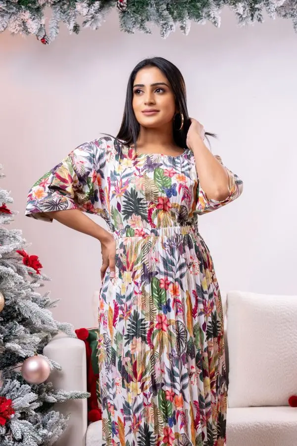 Forest Patterned Pleated Party Wear Dress - Image 5