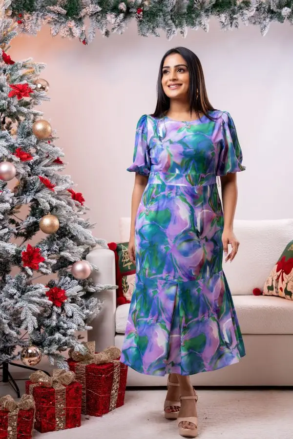Abstract Patterned Evening Wear Midi Dress - Image 2