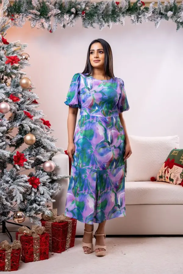Abstract Patterned Evening Wear Midi Dress - Image 3