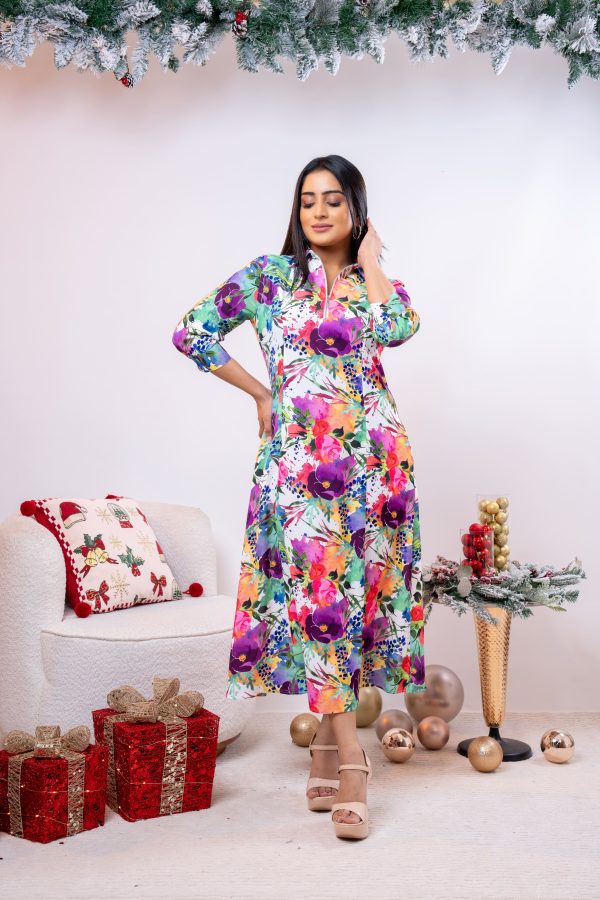 Abstract Floral Patterned Zip-up Maxi Dress - Image 2