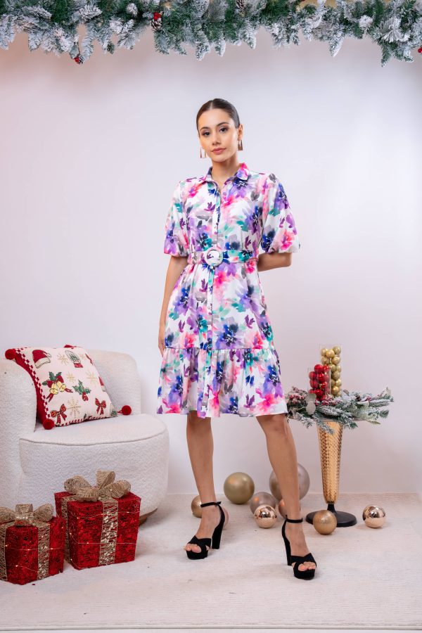 Abstract Floral Patterned Short Dress - Image 4