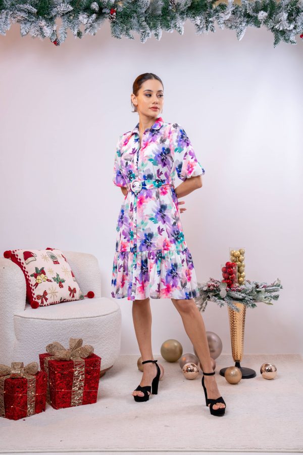 Abstract Floral Patterned Short Dress - Image 5