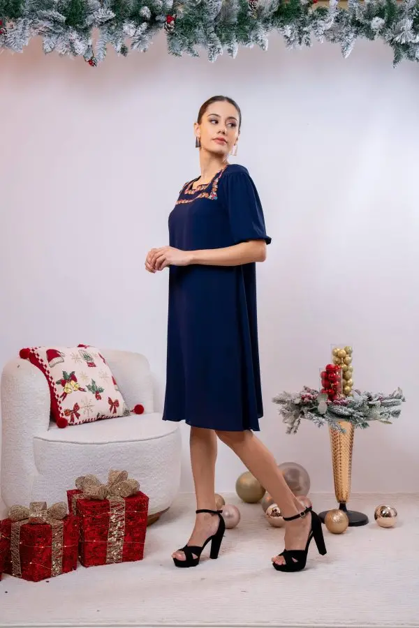 Embroidered Square Necked Short Dress - Image 5