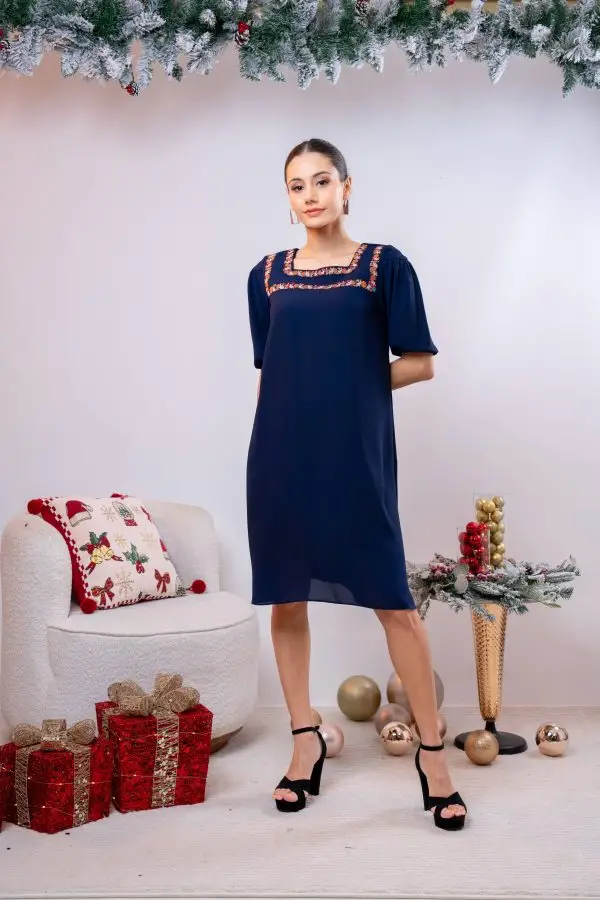 Embroidered Square Necked Short Dress - Image 3