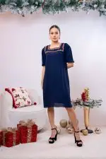 Embroidered Square Necked Short Dress