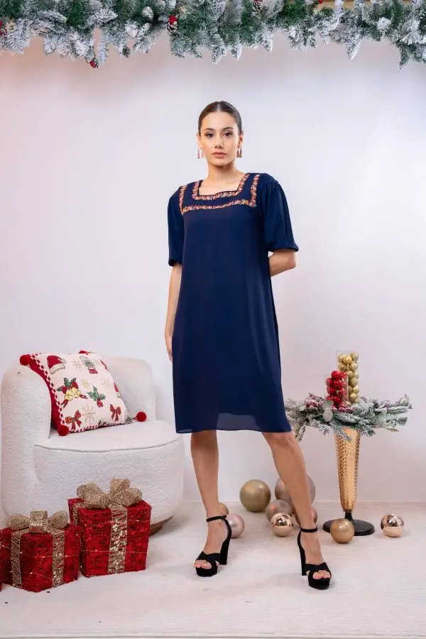 Embroidered Square Necked Short Dress