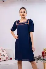 Embroidered Square Necked Short Dress - Image 2