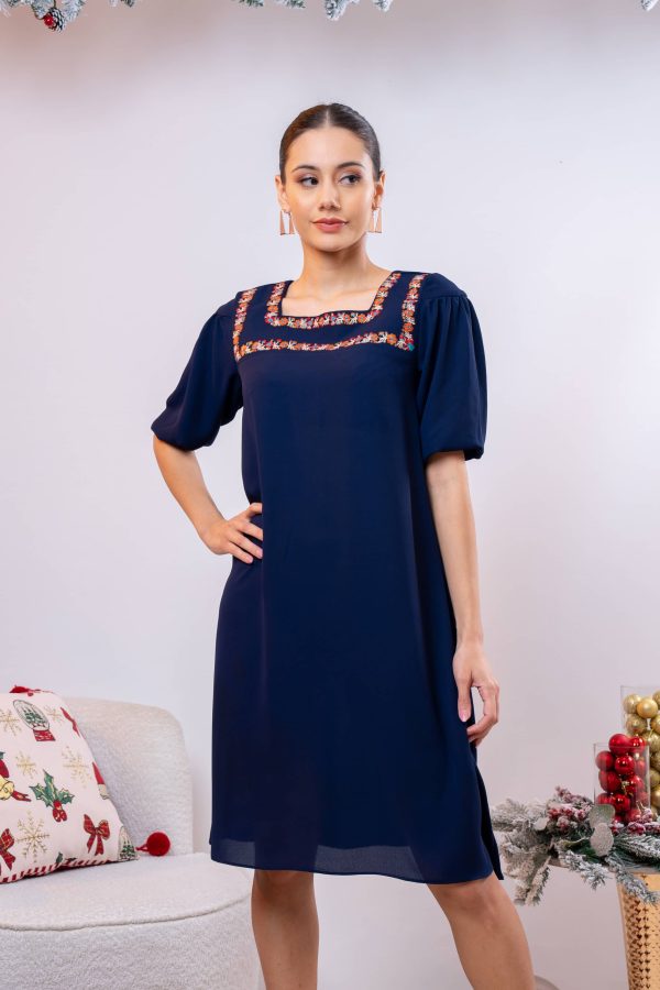 Embroidered Square Necked Short Dress - Image 2