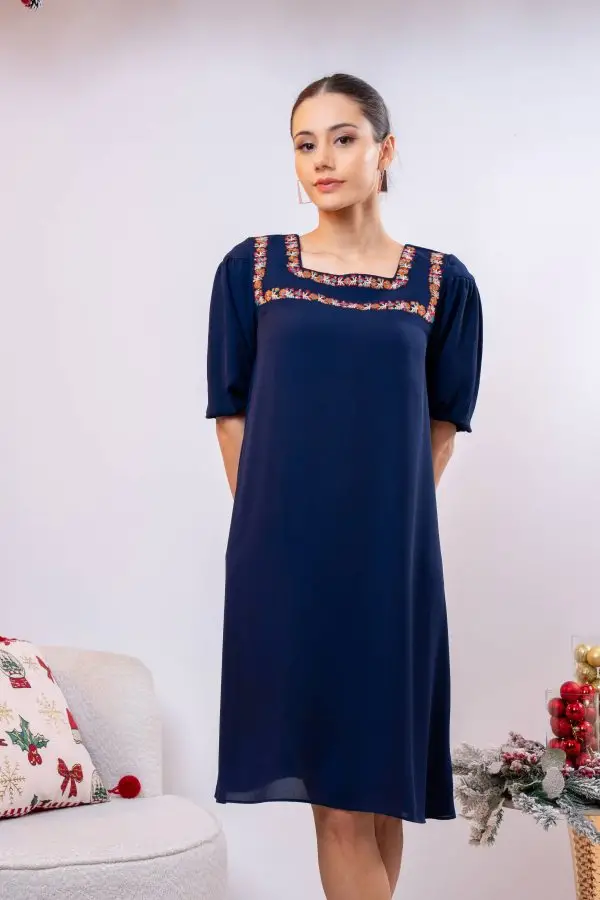 Embroidered Square Necked Short Dress - Image 4