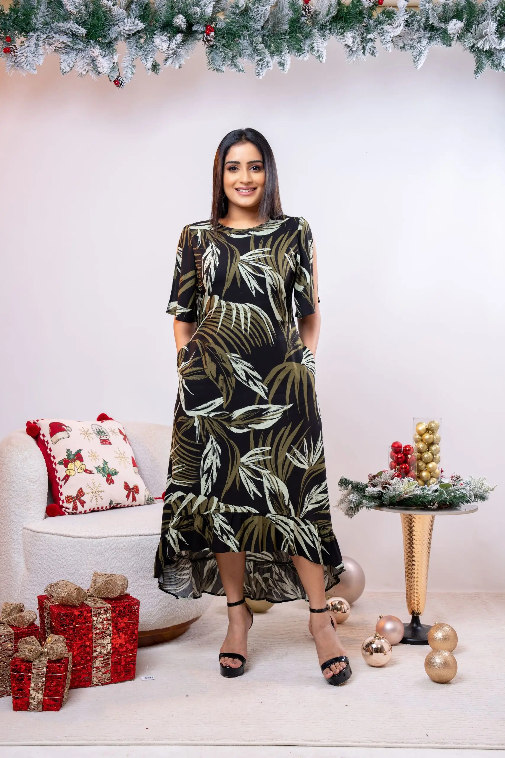 Tropical Patterned High-Low Maxi Dress