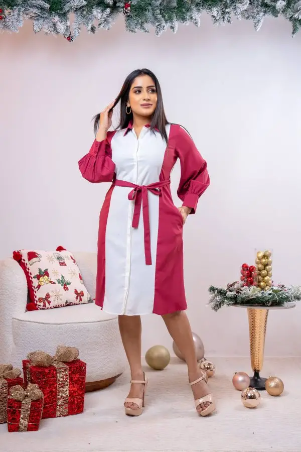 Two-Tone Belted Short Dress - Image 6