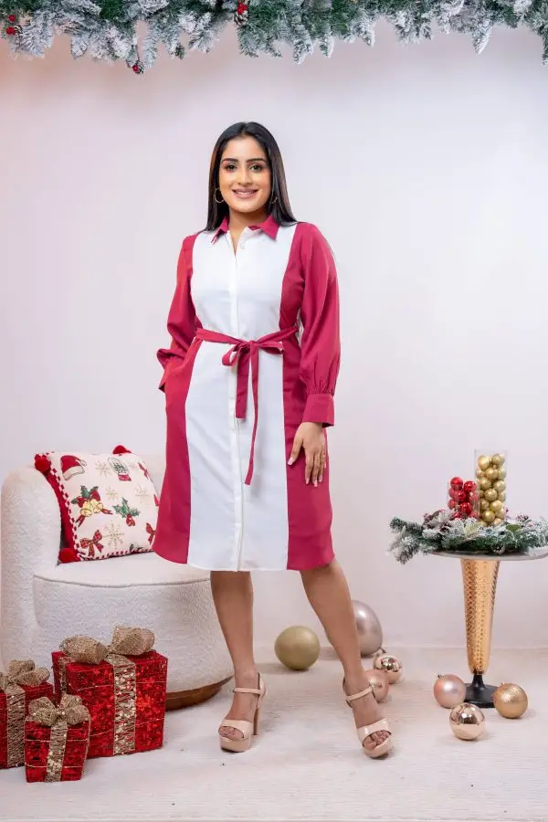 Two-Tone Belted Short Dress - Image 2