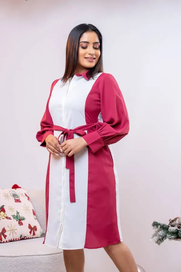 Two-Tone Belted Short Dress - Image 4