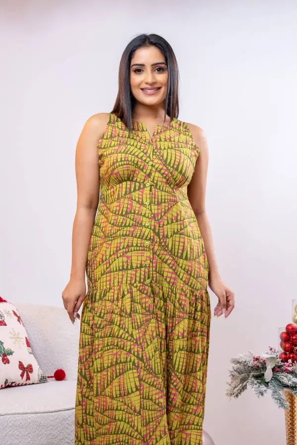 Patterned Sleeveless Button Up Dress