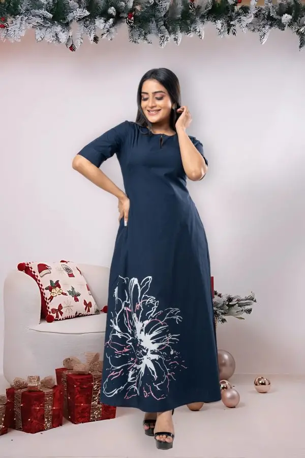 Abstract Floral Metalic Printed Maxi Dress