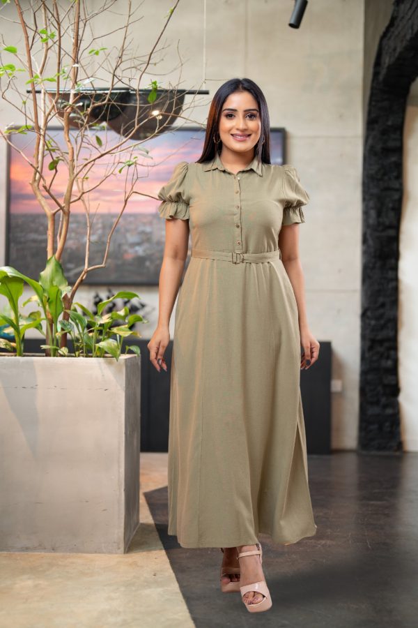 Puff Sleeved Belted Maxi Dress