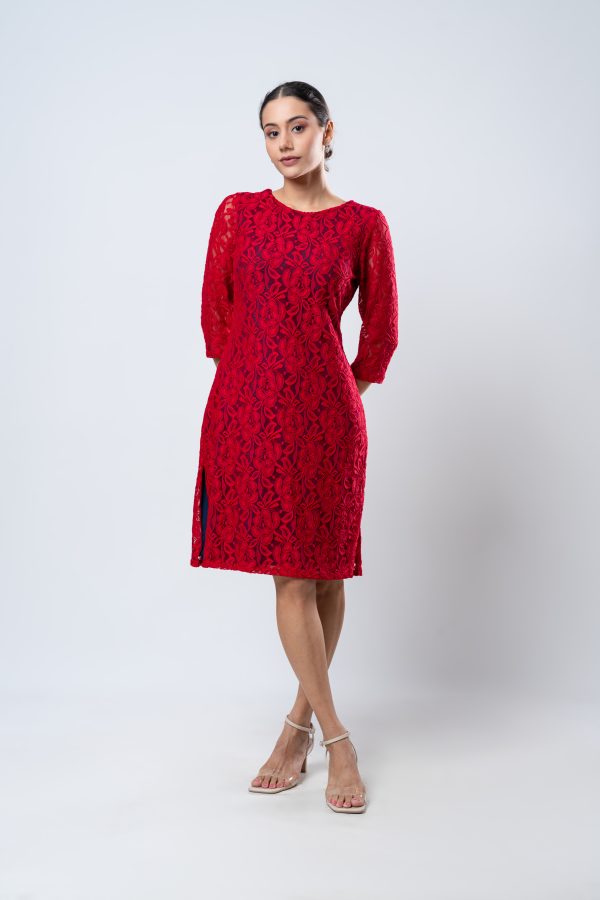 Contrast Lining Detailed Short Lace Dress - Image 4