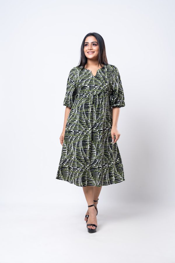 Abstract Patterned Notch Necked Midi Dress - Image 3