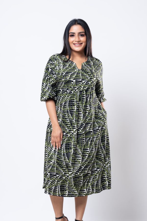 Abstract Patterned Notch Necked Midi Dress