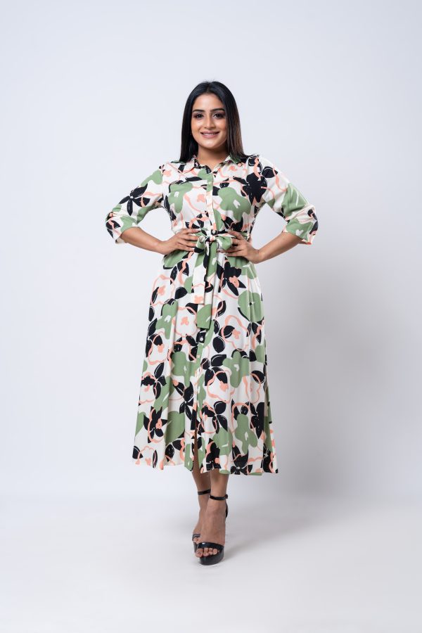 Abstract Floral Patterned Midi Shirt Dress