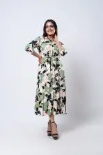 Abstract Floral Patterned Midi Shirt Dress - Image 2