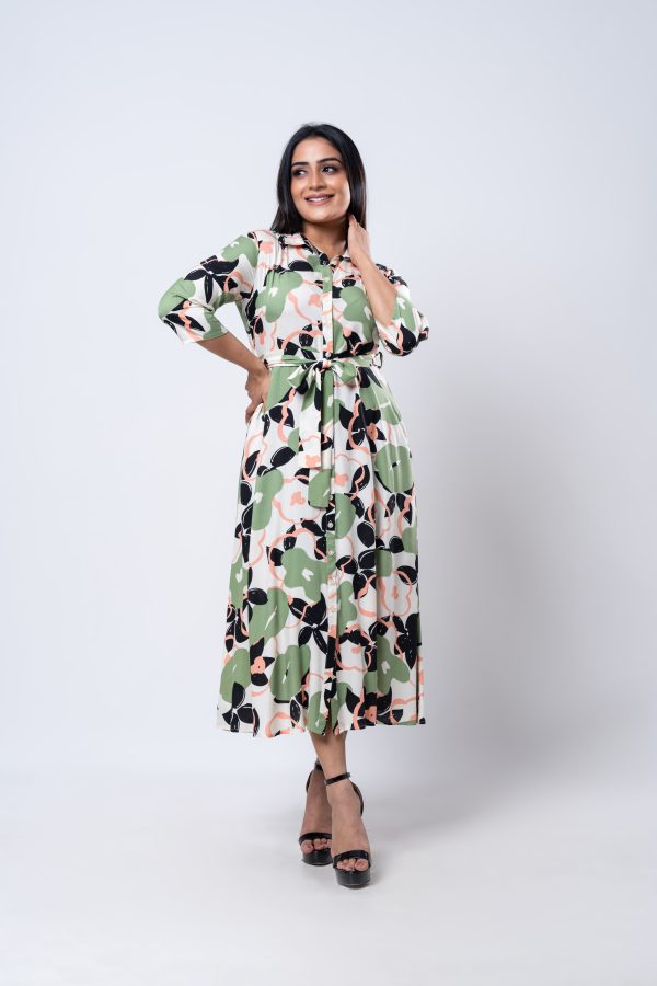 Abstract Floral Patterned Midi Shirt Dress - Image 2