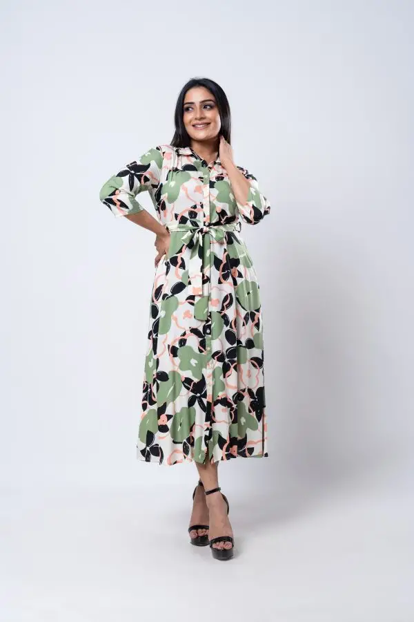 Abstract Floral Patterned Midi Shirt Dress - Image 2