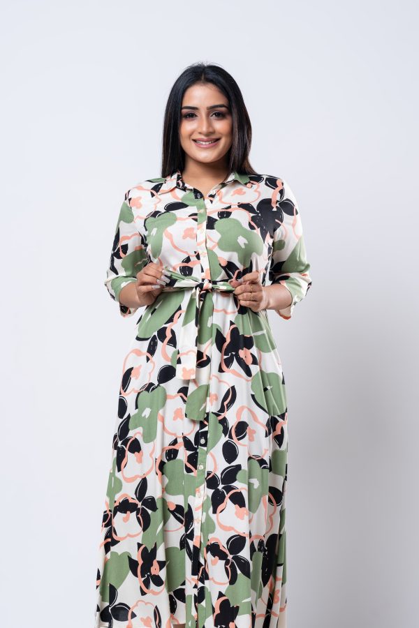 Abstract Floral Patterned Midi Shirt Dress - Image 3