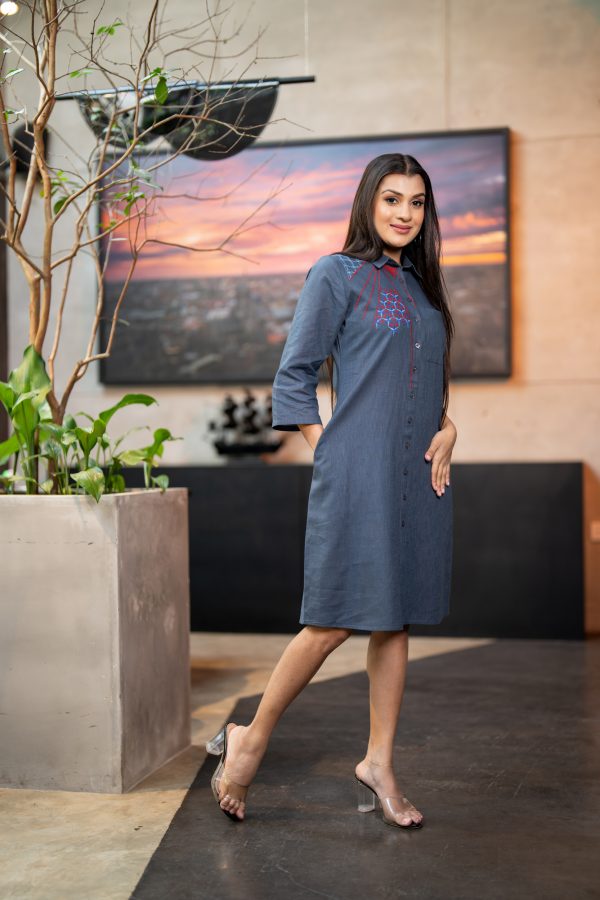 Abstract Embroidered Shirt Dress