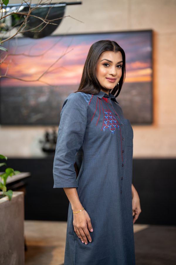 Abstract Embroidered Shirt Dress - Image 4