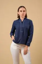 Embroidered Half Placket Shirt Blouse