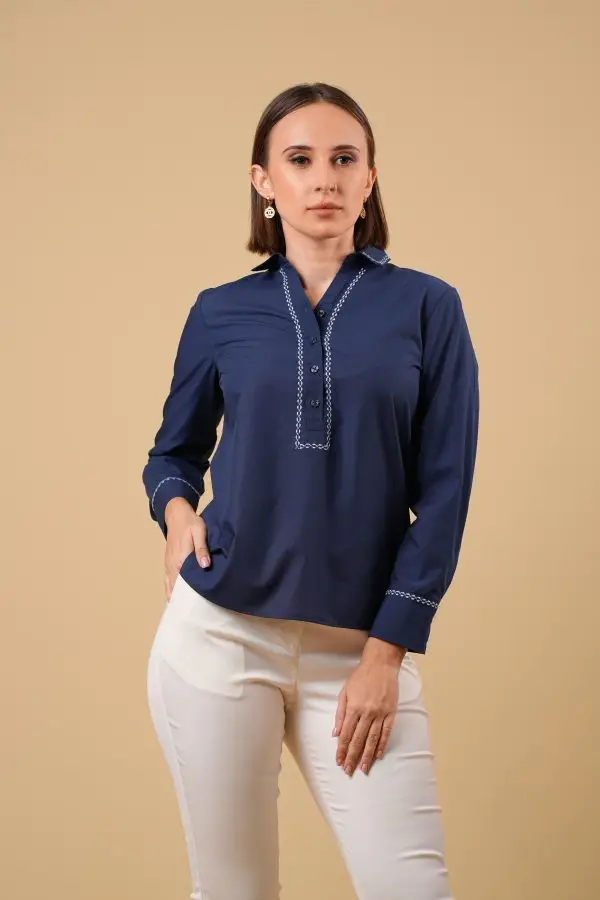Embroidered Half Placket Shirt Blouse