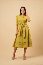 Cut Embroidered Front Tie-Up Midi Dress