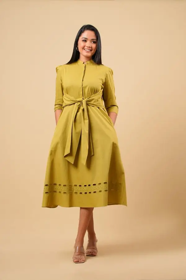 Cut Embroidered Front Tie-Up Midi Dress - Image 4