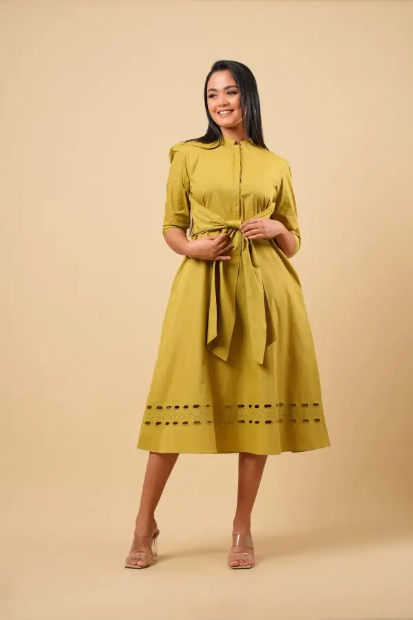 Cut Embroidered Front Tie-Up Midi Dress - Image 3