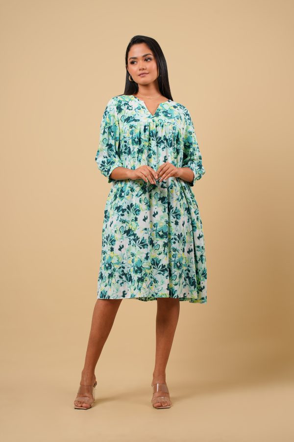 Floral Patterned Front Yoke Gathered Short Dress - Image 2