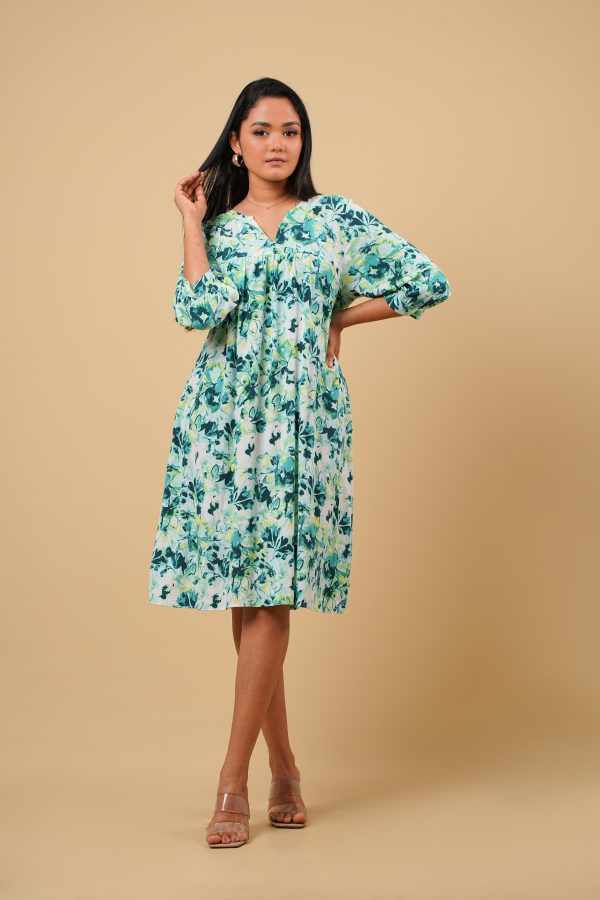 Floral Patterned Front Yoke Gathered Short Dress