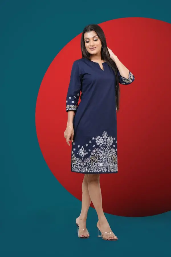 Hem Embroidered Notch Necked Short Dress - Image 4