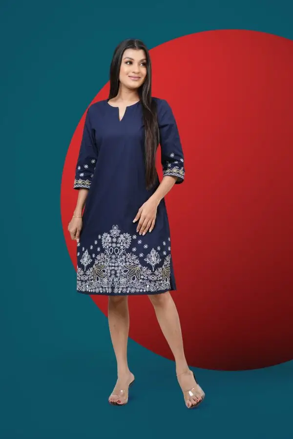 Hem Embroidered Notch Necked Short Dress - Image 2