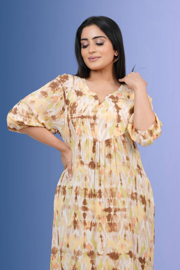 Patterned Front Yoke Gather Midi Dress - Image 5