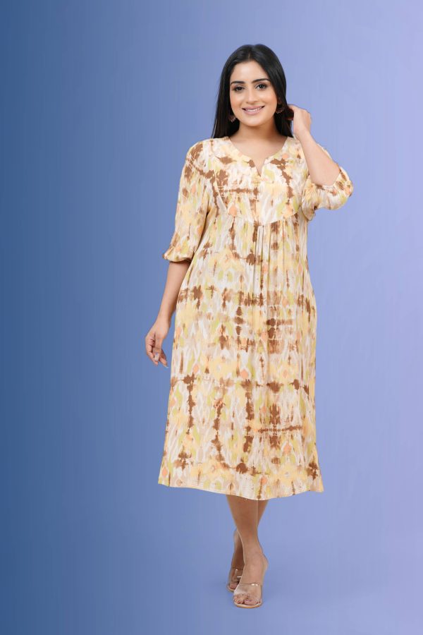 Patterned Front Yoke Gather Midi Dress