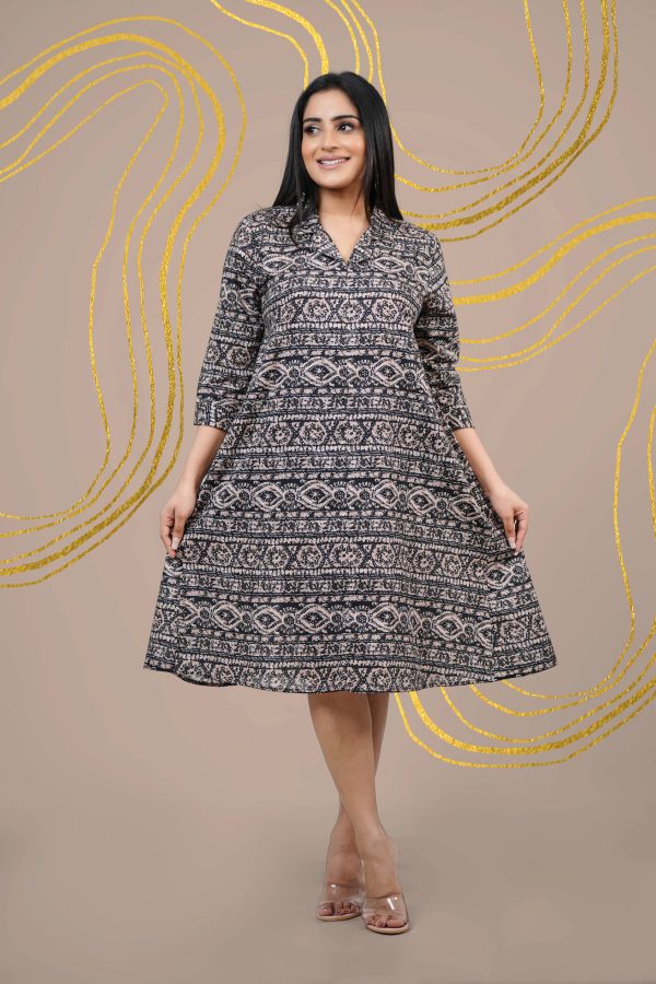 Tribal Patterned Shirt Collar Short Dress