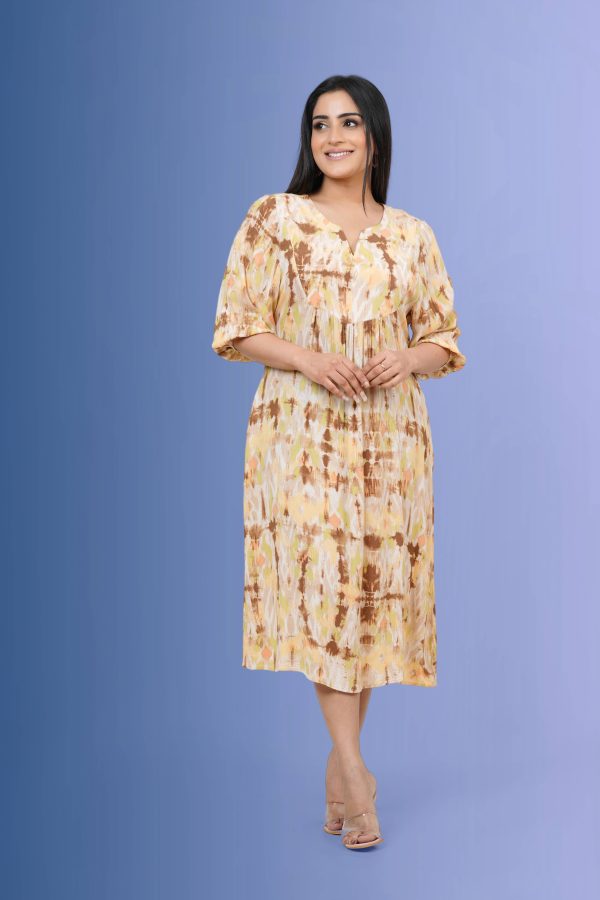 Patterned Front Yoke Gather Midi Dress - Image 3