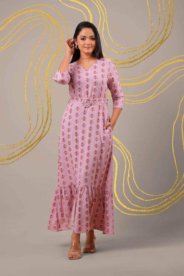 Floral Patterned Frilled Detail Belted Maxi Dress