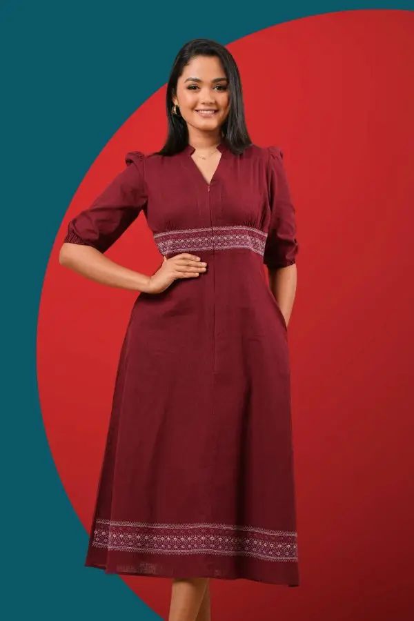 V Neck Embroidered Midi Dress