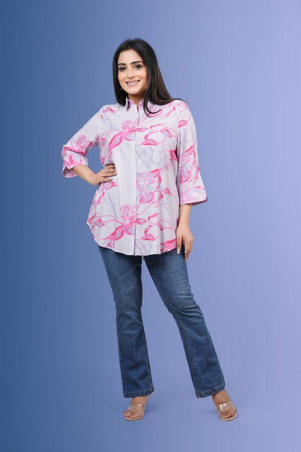 Floral Patterned Shirt Collar Long Top - Image 2