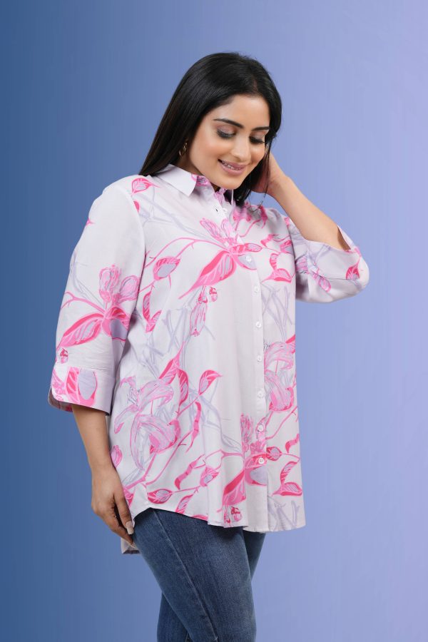 Floral Patterned Shirt Collar Long Top - Image 4